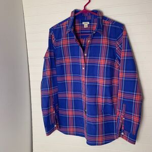 L.L.Bean Womens Plaid Button Down Shirt Blue Orange Small Cotton Casual